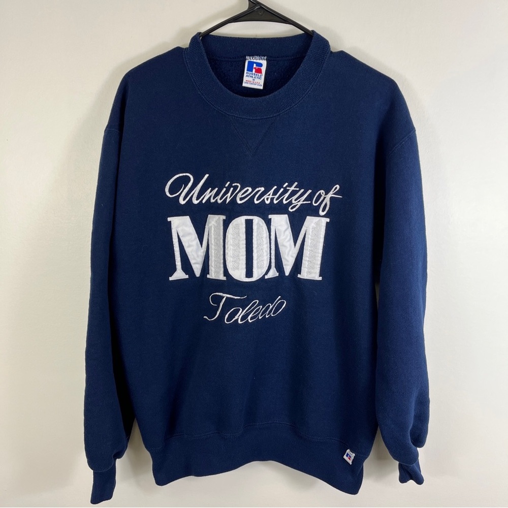 Vintage Russel Athletics Toledo Mom Sweatshirt Embroidered Blue Made USA Sz M